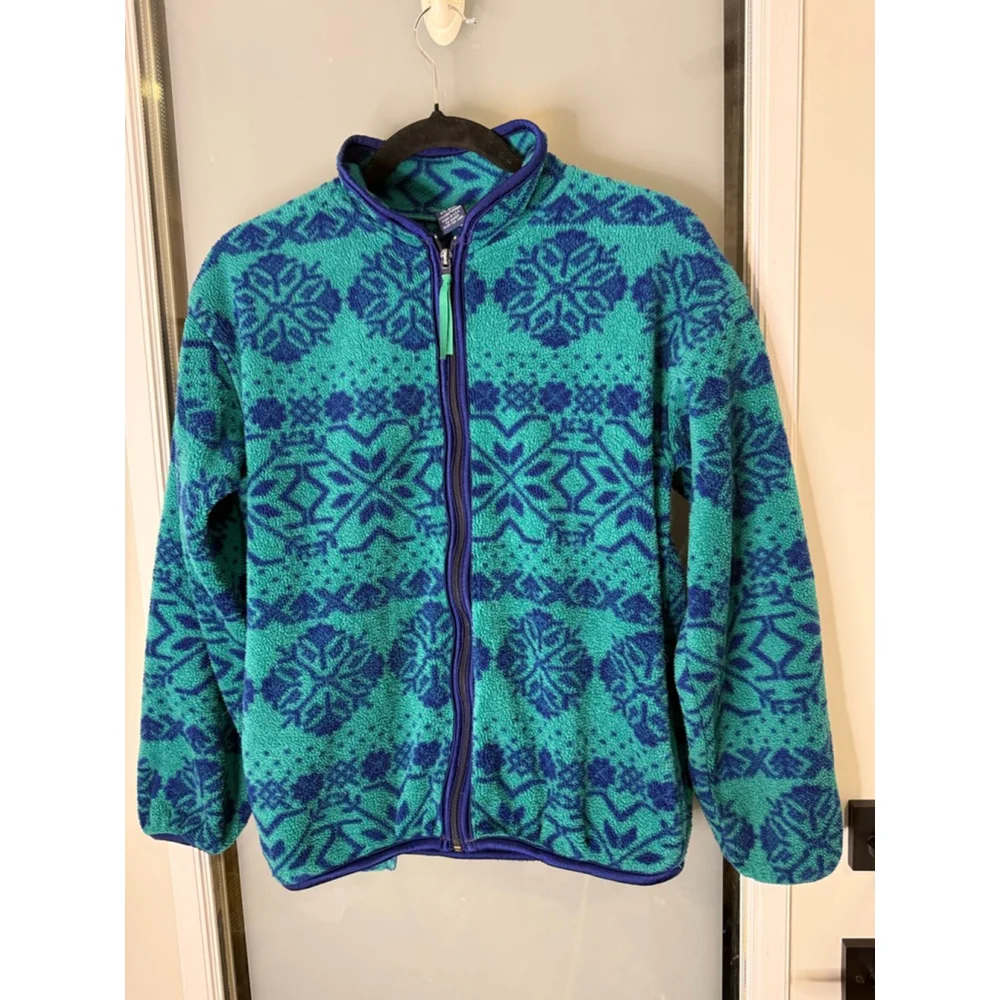 Lands' End Teal Blue Snowflake Fleece Jacket L